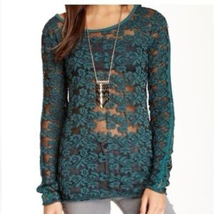 Free People Long Sleeve Teal Floral Sheer Top